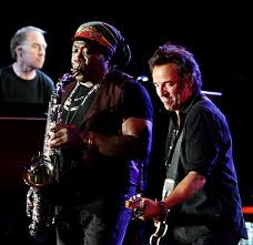 Clarance Clemmons and Bruce Springsteen performing with the E-Street Band. 