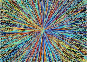 Higgs Boson God Particle: Lines representing possible paths of particles produced by collisions in the LHC (Large Hardon Collider) detector, as part of the ALICE experiment. CREDIT: CERN