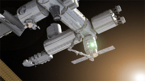 Artist's rendering of the Cygnus spacecraft at the International Space Station